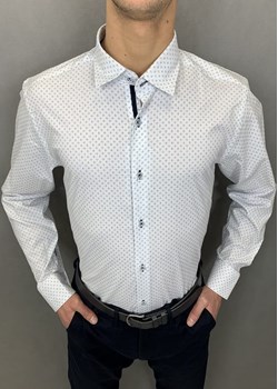 BIAŁA KOSZULA MĘSKA W CZARNO NIEBIESKI WZOREK SLIM FIT Z DŁUGIM RĘKAWEM Espada Men`s Wear eseller.pl - kod rabatowy