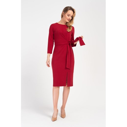 Cotton Club sukienka midi czerwona z elastanu gładka z długim rękawem 