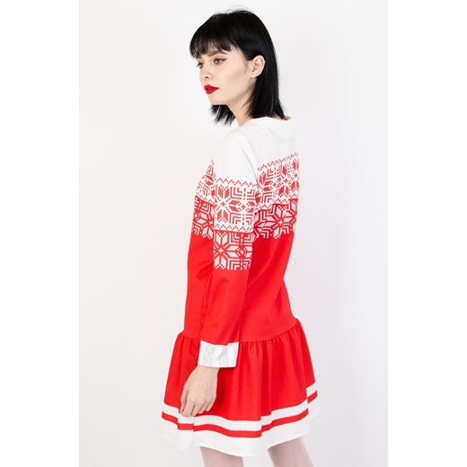 Biało czerwona sukienka z motywem świątecznym Olika uniwersalny okazyjna cena olika.com.pl