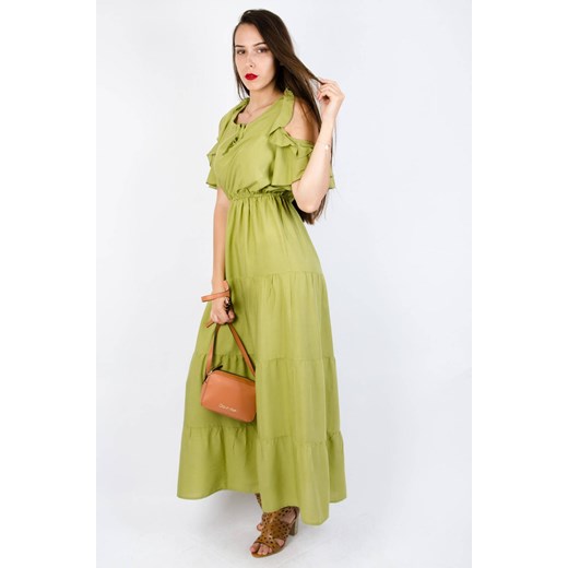 ZIELONA DŁUGA SUKIENKA Z WYCIĘCIEM NA RAMIONACH Olika S/M okazyjna cena olika.com.pl