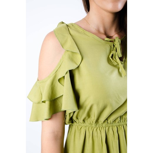 ZIELONA DŁUGA SUKIENKA Z WYCIĘCIEM NA RAMIONACH Olika S/M wyprzedaż olika.com.pl