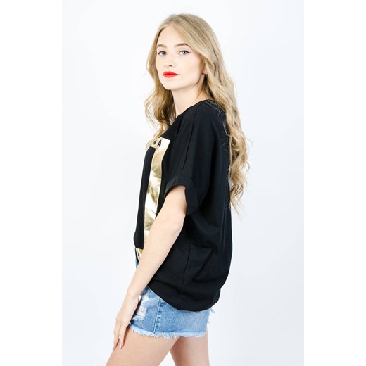 CZARNY BAWEŁNIANY T-SHIRT ZE ZŁOTYM NADRUKIEM ORAZ WIĄZANIEM NA PLECACH Olika uniwersalny okazja olika.com.pl