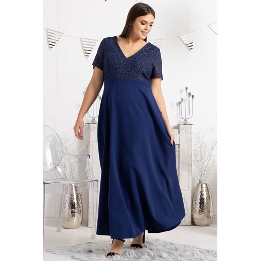 Sukienka elegancka long WIOLETA połyskująca granatowa Plus Size karko.pl