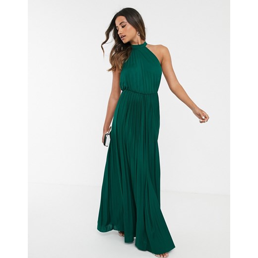 ASOS DESIGN – Zielona plisowana sukienka maxi z dekoltem halter i odcinaną talią-Zielony 44 Asos Poland