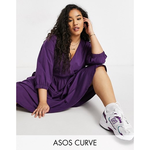 ASOS DESIGN Curve – Fioletowa luźna sukienka midi z kopertową górą-Fioletowy 56 Asos Poland