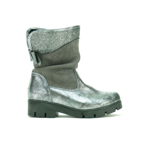 Buty zimowe dziecięce Kornecki bez zapięcia srebrne skórzane 