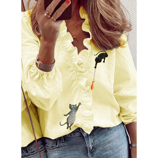 Koszula damska Sandbella z długimi rękawami żółta bez kołnierzyka w nadruki młodzieżowa 