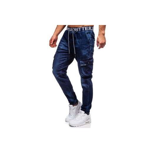 Granatowe jeansowe joggery bojówki spodnie męskie slim fit Denley 51002W0 XL okazyjna cena Denley