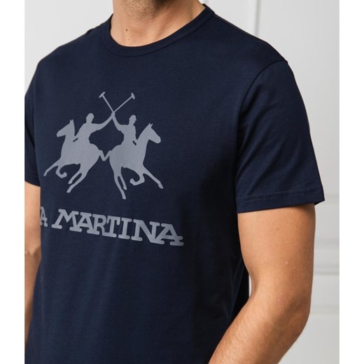 T-shirt męski niebieski La Martina z napisami bawełniany z krótkim rękawem 