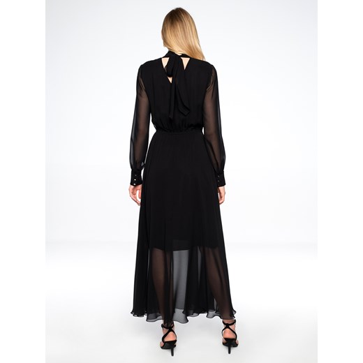 Sukienka L'AF czarna z tkaniny w serek elegancka z długim rękawem karnawałowa 