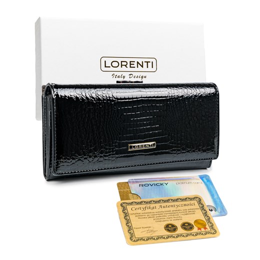 Czarny, podłużny portfel z klapką, lakierowana skóra krokodyla Lorenti uniwersalny rovicky.eu