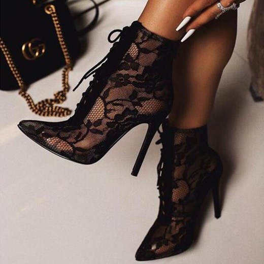 Duży wysoki obcas szpic przeźroczyste koronka modne wiązanie eleganckie damskie buty sandały czarny szpilki Sandbella sandbella