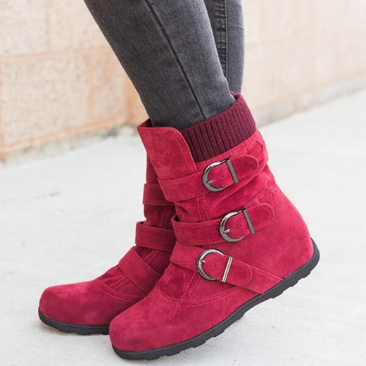 Okrągły nosek niskie ciepłe zapięcia na co dzień casual zima jesień botki damskie czerwony buty Sandbella sandbella