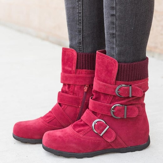 Okrągły nosek niskie ciepłe zapięcia na co dzień casual zima jesień botki damskie czerwony buty Sandbella sandbella