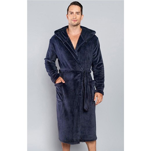 Ciepły szlafrok męski z kapturem granatowy Mimas, Kolor granatowy, Rozmiar M, Italian Fashion ze sklepu Intymna w kategorii Szlafroki męskie - zdjęcie 102693329