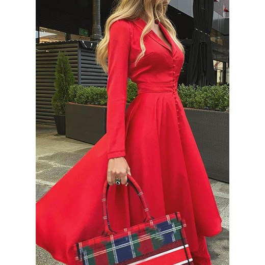 Midi za kolano długi rękaw dekolt V głęboki z koła jednolita plisy elegancka suknia czerwony sukienka (S) Sandbella L sandbella