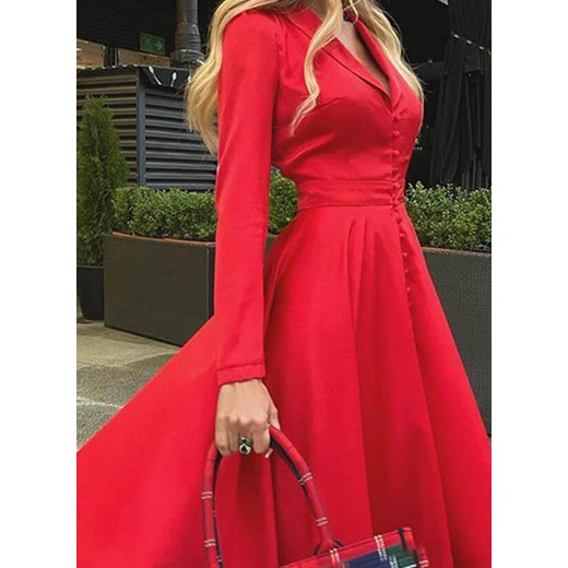 Midi za kolano długi rękaw dekolt V głęboki z koła jednolita plisy elegancka suknia czerwony sukienka (S) Sandbella XL sandbella