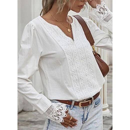 Długi rękaw dekolt V głęboki wycięcia wzór jednolita boho luźna lato casual biały bluzka (S) Sandbella L sandbella