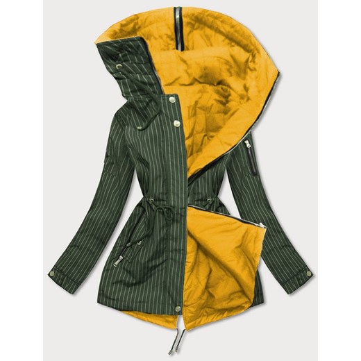 Dwustronna kurtka z kapturem w paski khaki-żółta (w659) ze sklepu goodlookin.pl w kategorii Kurtki damskie - zdjęcie 102972559