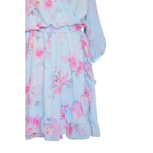 Błękitna sukienka w róże z kopertowym dekoltem - adelita 44 Sklep XL-ka