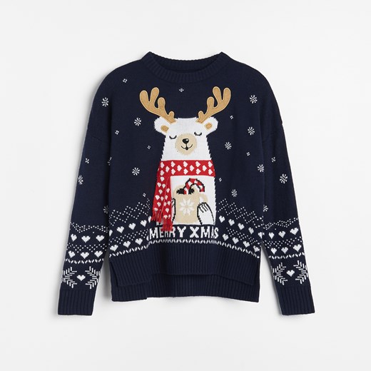 Reserved - Sweter świąteczny z reniferem - Granatowy Reserved S wyprzedaż Reserved