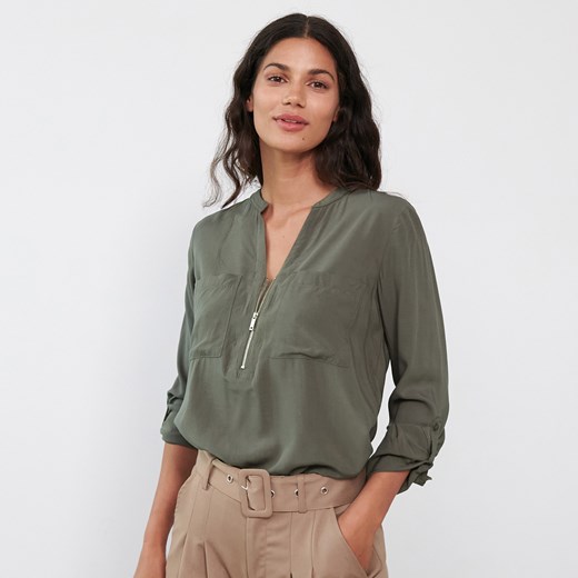 Sinsay - Bluzka z ozdobnym dekoltem - Khaki Sinsay S promocja Sinsay