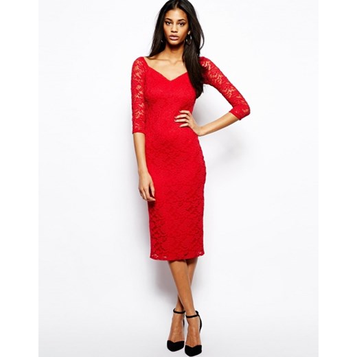 Asos    Midi Sukienka z Koronki aleja-mody czerwony elegancki
