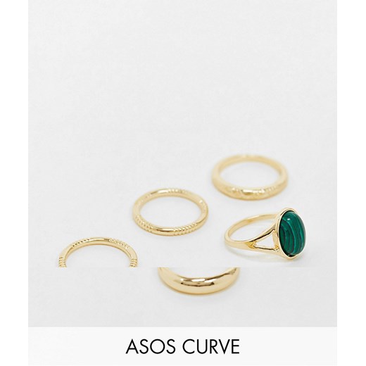ASOS DESIGN Curve – Zestaw 5 pierścionków w kolorze złotym z różnymi wzorami i zielonym malachitem S / M Asos Poland