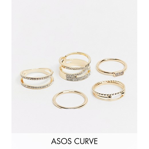 ASOS DESIGN Curve – Zestaw 5 szt. różnych pierścionków w odcieniu złota z kryształkami-Złoty L/XL Asos Poland
