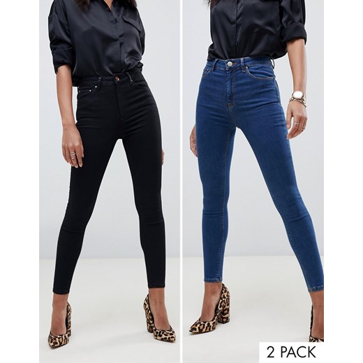 ASOS DESIGN – Ridley – Komplet 2 par obcisłych jeansów z wysokim stanem, czarny/niebieski – oszczędzasz 16%-Wielokolorowy W24 L32 Asos Poland