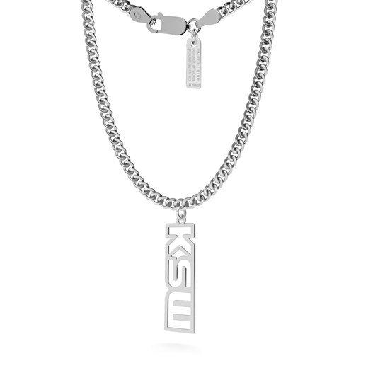 Srebrny naszyjnik z pionową zawieszką, logo KSW, pancerka, srebro 925 : Długość (cm) - 60, Kolor pokrycia srebra - Platyną Giorre GIORRE