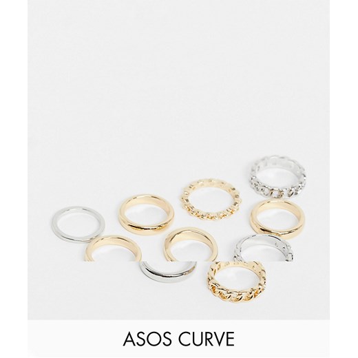 ASOS DESIGN Curve – Zestaw 10 pierścionków z różnych metali z motywem łańcuszka-Wielokolorowy M / L Asos Poland