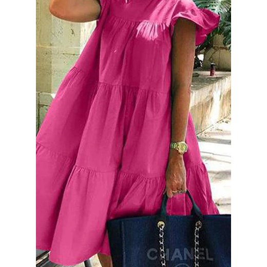 Sukienka Sandbella różowa z okrągłym dekoltem z krótkimi rękawami oversize w stylu boho midi 