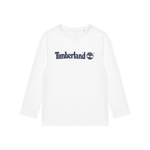 T-shirt chłopięce biały Timberland z napisami z długim rękawem 