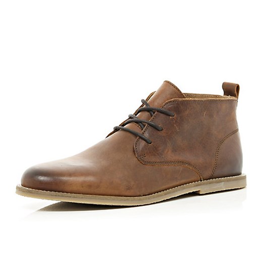 Brown leather chukka boots river-island brazowy skórzane