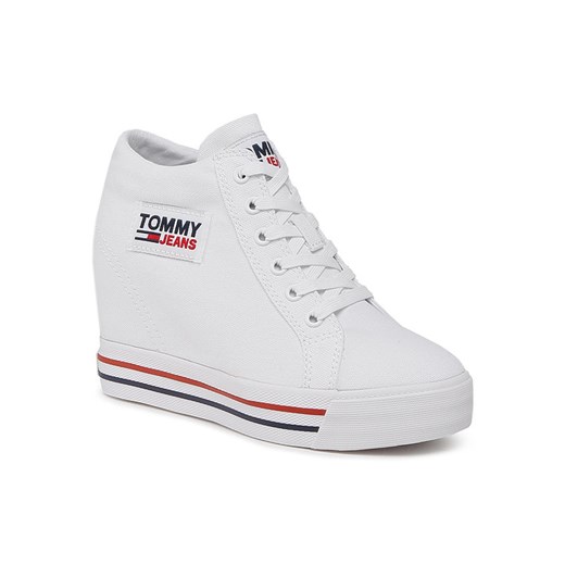 Buty sportowe damskie Tommy Jeans sneakersy na koturnie sznurowane białe z gumy 