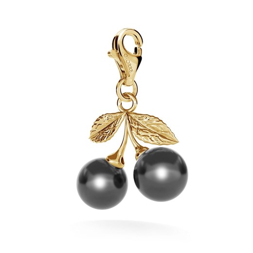Srebrny charms dwie wisienki perły Swarovski, srebro 925 : Perła - kolory - SWAROVSKI BLACK, Srebro - kolor pokrycia - Pokrycie żółtym 18K złotem Giorre GIORRE