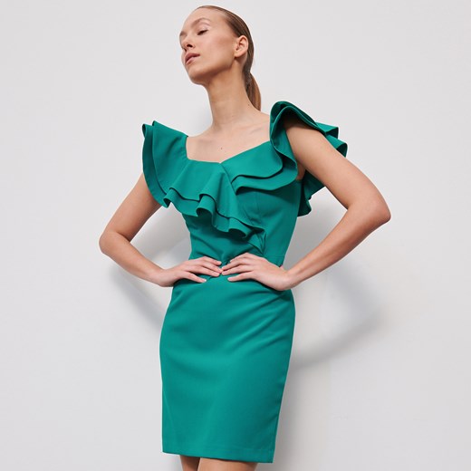 Reserved - Sukienka z falbaną przy dekolcie - Zielony Reserved 42 Reserved okazja