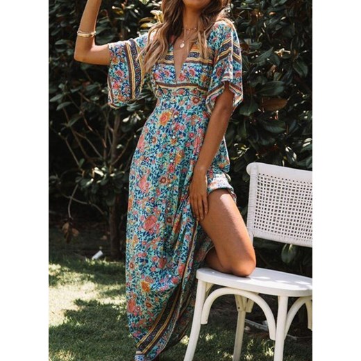 Sukienka Sandbella maxi w serek z krótkim rękawem 