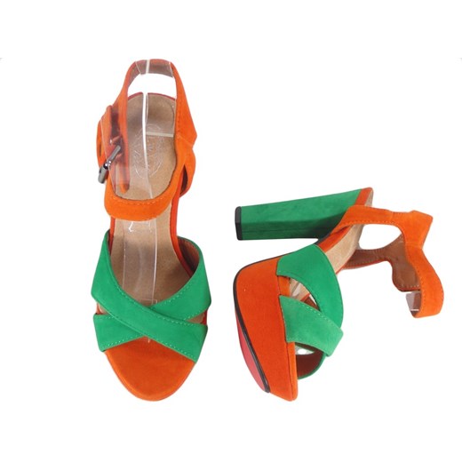 Zielono pomarańczowe sandały na słupku 35 promocja Kokietki