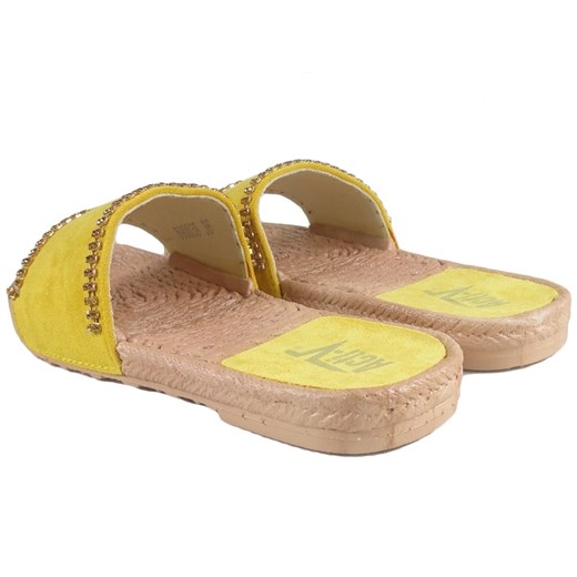 Żółte klapki damskie z cyrkoniami płaskie buty 40 Kokietki