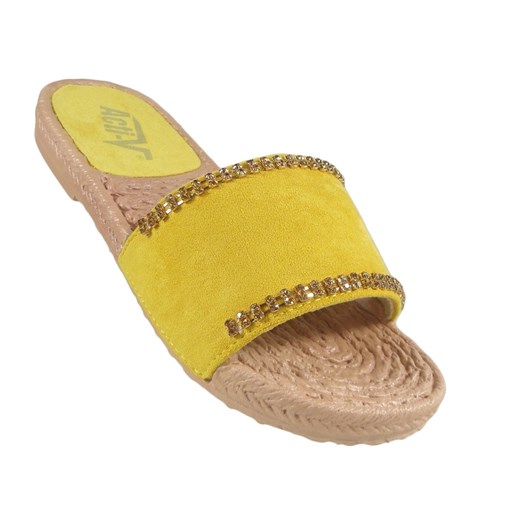 Żółte klapki damskie z cyrkoniami płaskie buty 41 Kokietki