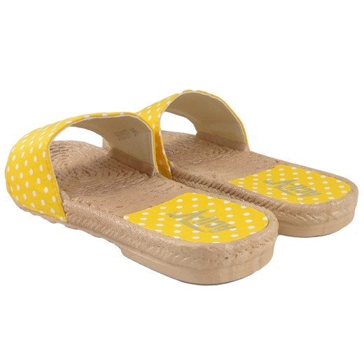 Żółte klapki w kropki damskie płaskie buty 39 Kokietki