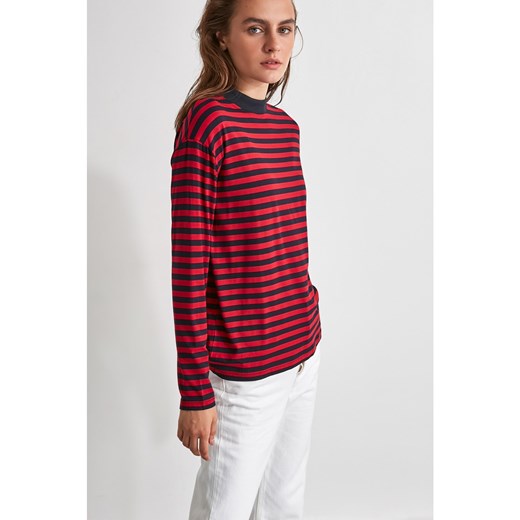 Trendyol Burgundy Striped Sheer Collar Knitted T-Shirt Trendyol XS Factcool