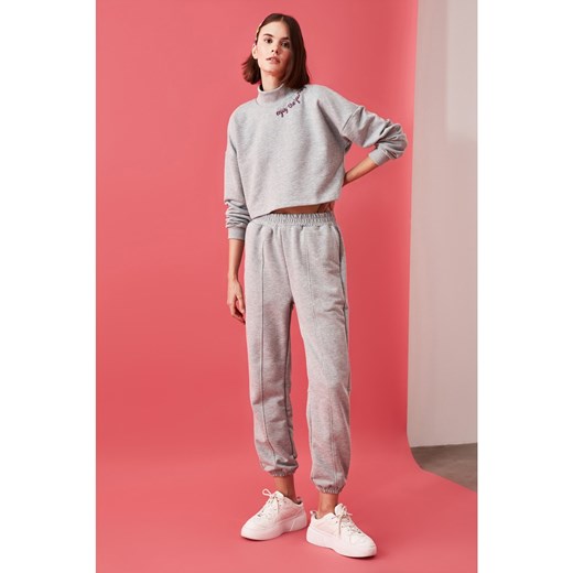 Trendyol Grey Upright Collar Embroidery Detailed Crop Knitted Tracksuit Set Trendyol S Factcool
