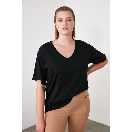 Trendyol Black 100% Cotton V Collar Boyfriend Knitted T-Shirt Trendyol S Factcool