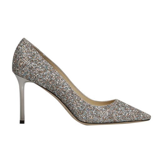 Czółenka srebrne Jimmy Choo skórzane eleganckie w noskiem w szpic bez zapięcia w zwierzęcy wzór