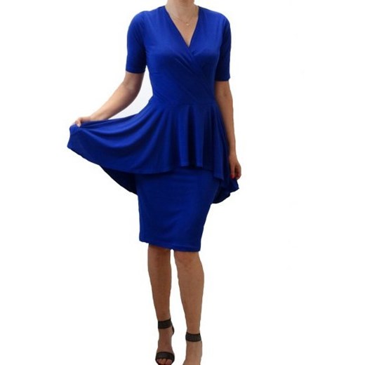 Mm Fashion sukienka tkaninowa elegancka na wesele mini niebieska z krótkim rękawem z baskinką 