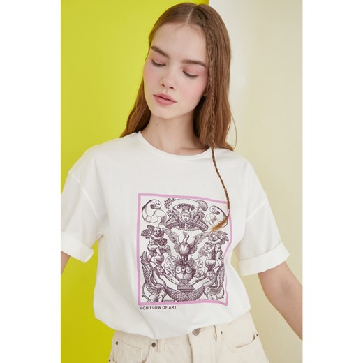 Trendyol Ekru Printed Loose Mold Knitted T-Shirt Trendyol XS Factcool