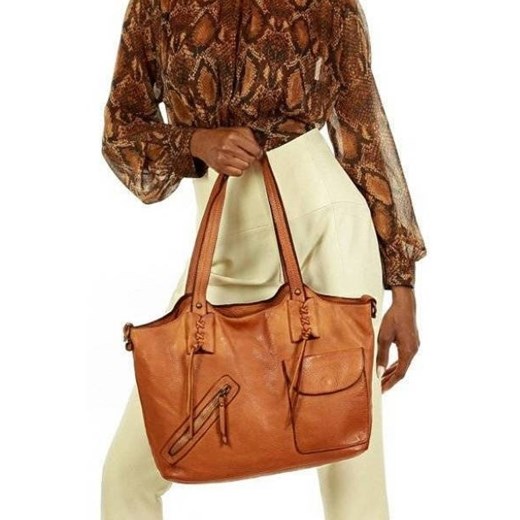 Laura - MARCO MAZZINI Oryginalna torebka na ramię shopper w stylu boho skóra naturalna brąz camel Merg one size okazja merg.pl